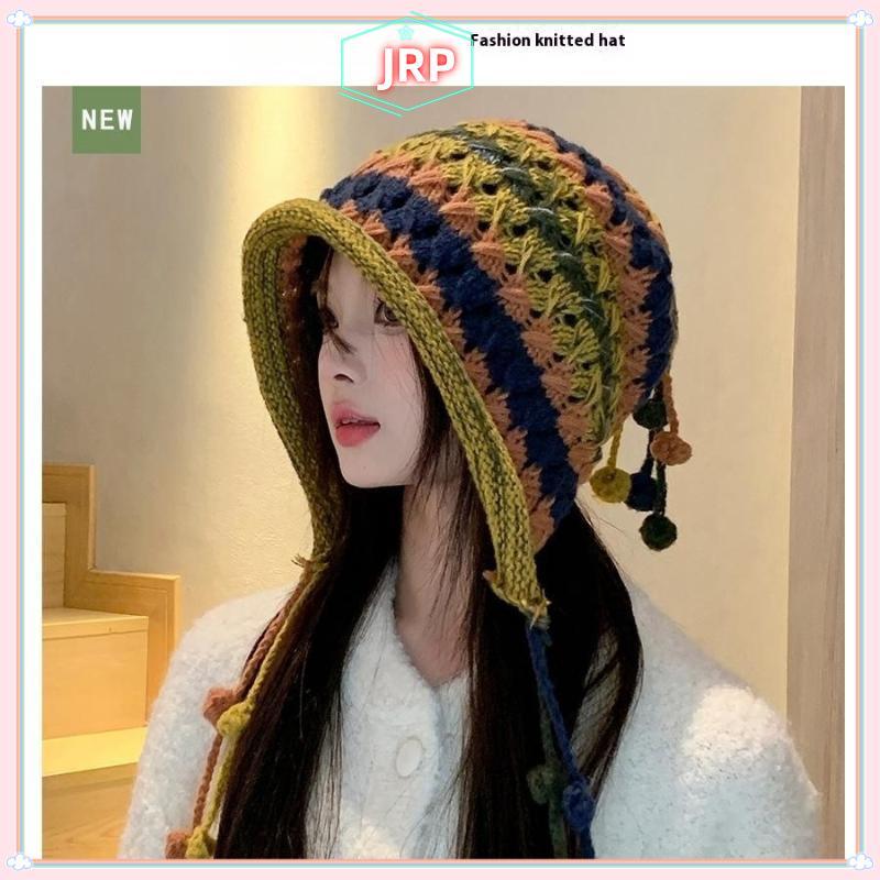 Mũ đỏ nữ handmade mùa đông, dệt kim bảo vệ tai, ngọt ngào và ấm áp