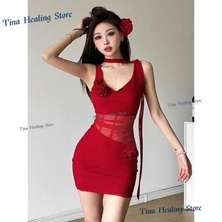 Váy hè mới gợi cảm dành cho nữ với thiết kế hoa hồng, phối lưới hơi xuyên thấu, váy ngắn ôm dáng