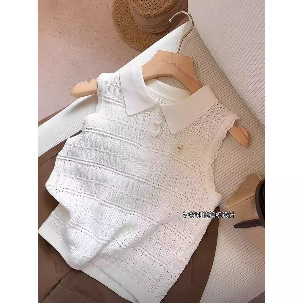 [Khuyến mãi trong thời gian có hạn] Áo len dệt kim màu trắng rỗng đi lại mùa hè Áo len dệt kim không tay