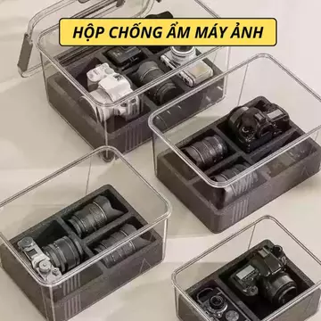 Hộp Chống Ẩm Máy Ảnh Và Ống Kính Kèm Ẩm Kế Gói Hút Ẩm, Hộp Bảo Quản Máy Ảnh Nhựa Trong Chống Sốc Nhiều Kích Thước