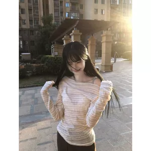 Áo thun dài tay sọc phong cách Hàn Quốc Pure Desire dành cho nữ mùa hè Áo sơ mi chống nắng kiểu dáng mỏng đẹp