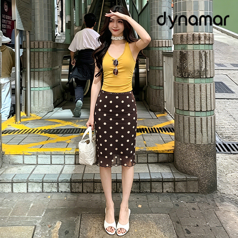 【dynamar】Hàng Có Sẵn-Chân váy lưới dài họa tiết chấm bi trắng Ocean Skirt, phù hợp để đi chơi biển vào mùa hè