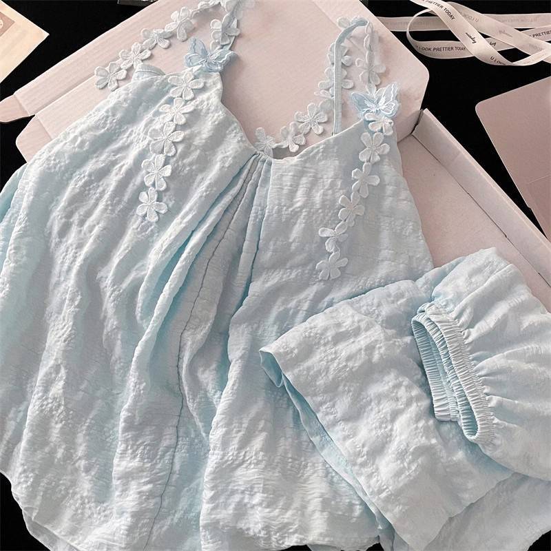 [KvJJL-t] Trang chủ giản dị Hoa dáng rộng có đệm ngực Quần short treo mùa hè Bộ đồ ngủ mới
