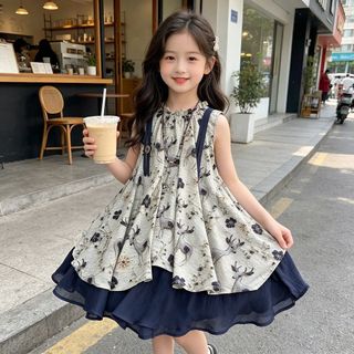 Đầm hè cho bé gái – Váy công chúa không tay, họa tiết hoa vintage, phong cách Hàn Quốc, thoáng mát