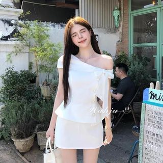 Set Áo Trễ Vai Phối Nơ Mix Chân Váy Ngắn(Váy có lót quần bảo hộ) Hb.studio S124