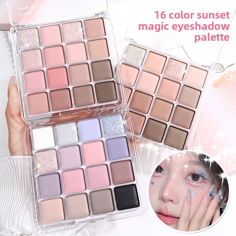 Resina 16 Màu Sunset Magic Eyeshadow Palette Pearlescent Matte Earth Color Fine Shining Pink Blush 15g