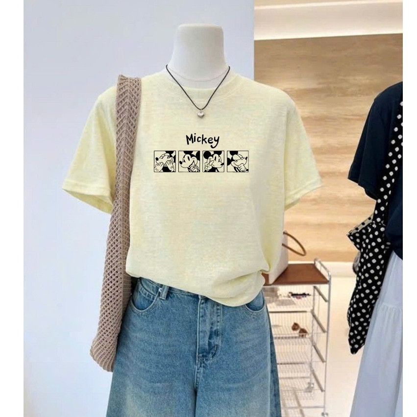 （Giao hàng 24h）Angela Áo thun nữ ngắn tay Vàng nhạt in hình dể thương Áo phông ngắn tay chất thun cotton mềm mát