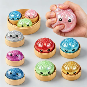 8.5cm Sáng Bóng Lấp Lánh Hạt Chảy Baozi Squishy Đồ Chơi Với Mini Hấp Hộp Mêsia Thị Giác Xúc Giác Kép Giảm Căng Thẳng Bóp Đồ Chơi