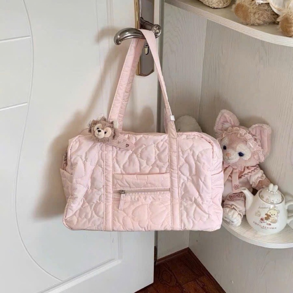 Túi du lịch chần bông màu hồng pastel ngọt ngào, túi đựng đồ dung tích lớn nhiều ngăn - 37x25x15cm