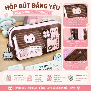 Hộp bút mèo cỏ bốn lá – Phong cách Hàn, dung tích lớn, nhiều ngăn – Dễ thương, sang trọng – Khóa kéo mượt, vải chắc