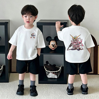 (Từ 2-12 tuổi) Áo thun ngắn tay 100% cotton cho bé trai, họa tiết hoạt hình (Kỳ lân, Gundam), cổ tròn.