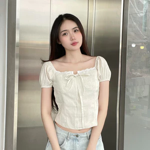 Áo babydoll nữ kiểu Linen tay phồng nơ ngực công chúa phong cách M380