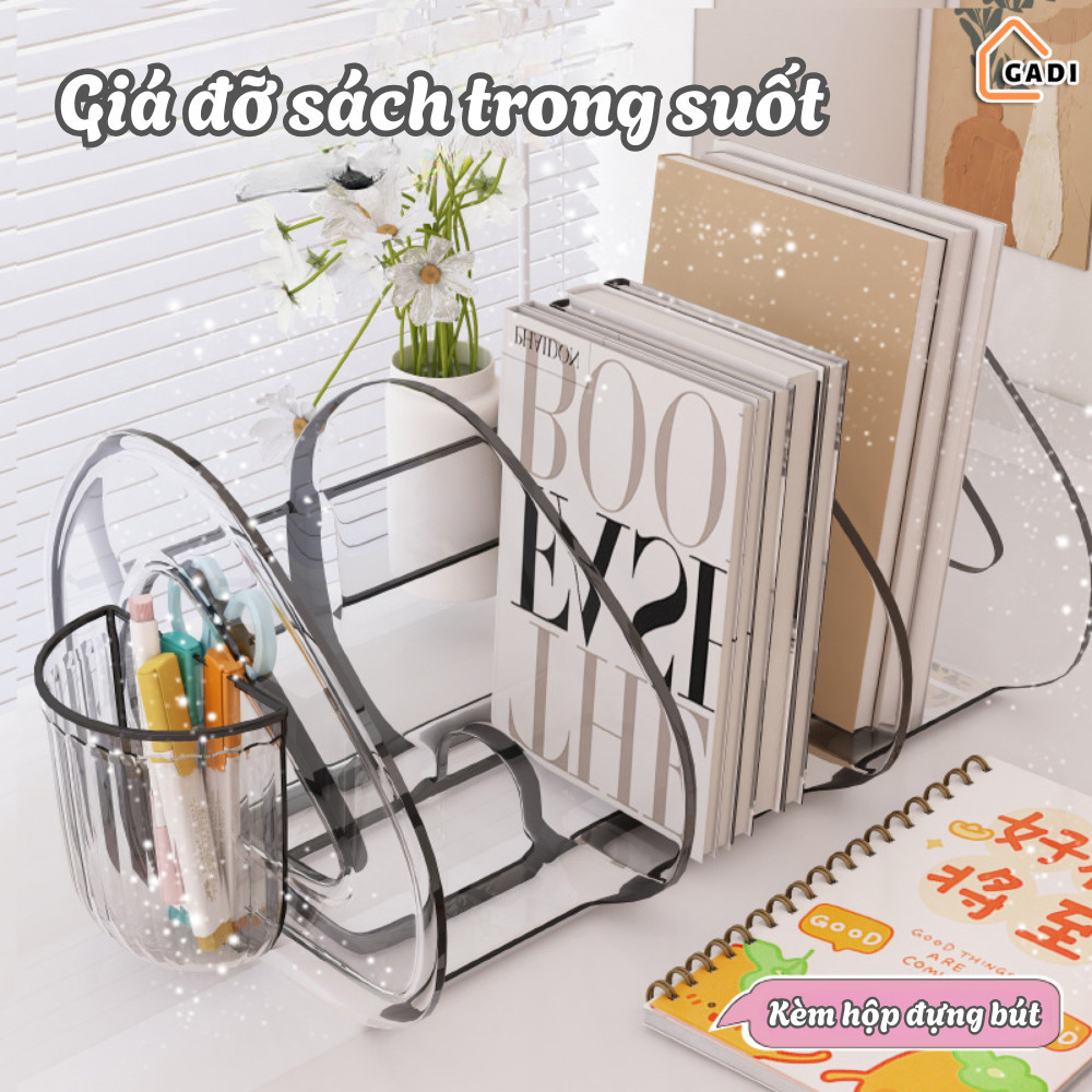Kệ Sách Để Bàn Trong Suốt Kèm Ống Đựng Bút, Kệ Đựng Sách Vở Tài Liệu Để Bàn Học, Bàn Làm Việc Tiện Lợi