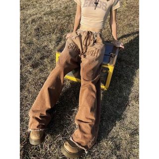 [Giảm giá 50%] American Retro Màu Gradient Dây rút thẳng Quần jean nữ mùa xuân hợp thời trang Quần ống rộng lưng cao lệch lạc Quần dài