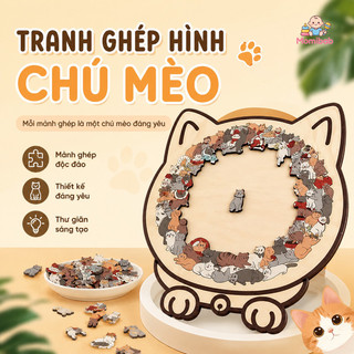 Bộ ghép hình mèo 135 mảnh gỗ – Mảnh ghép độc đáo không đều – Khung hình mèo – Trang trí nhà, quà tặng, thư giãn sáng tạo