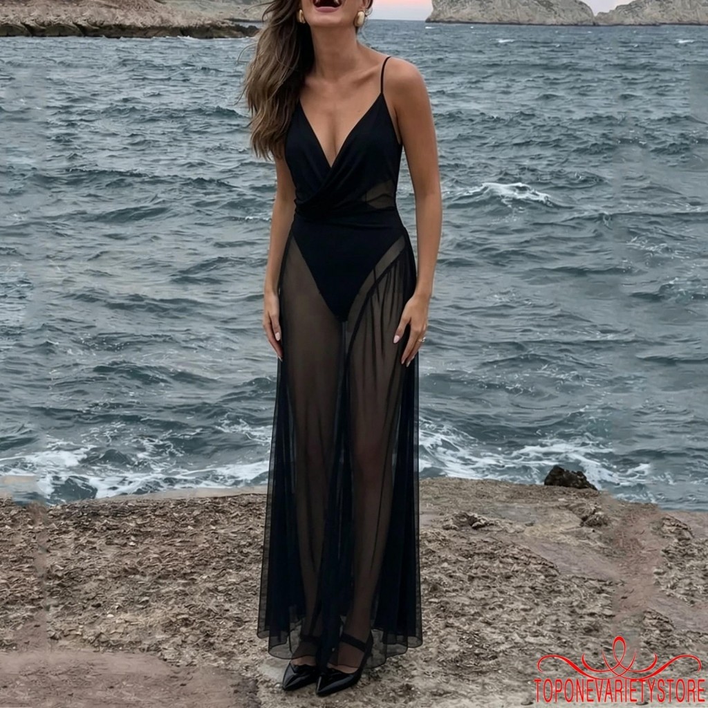 Topone-Nữ Lưới Quần Lót Đầm Dễ Thương Không Tay Sâu Cổ Chữ V Màu Trơn Bodydoll Sheer Dress