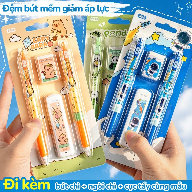 Bút Chì Bấm 0.5mm Họa Tiết Cute - Bút Cơ Học Thay Ngòi Cao Cấp, Đệm Silicon Êm Tay Cho Học Sinh