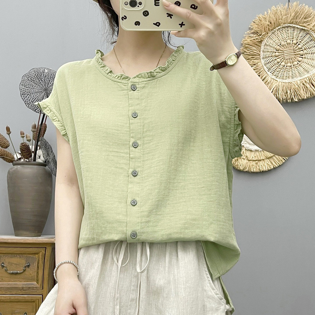 [Hàng có sẵn] Áo sơ mi nữ 100% sợi Cotton chất lượng cao Nghệ thuật mùa hè Cổ nhỏ tươi mềm mại Áo không tay thân thiện với da