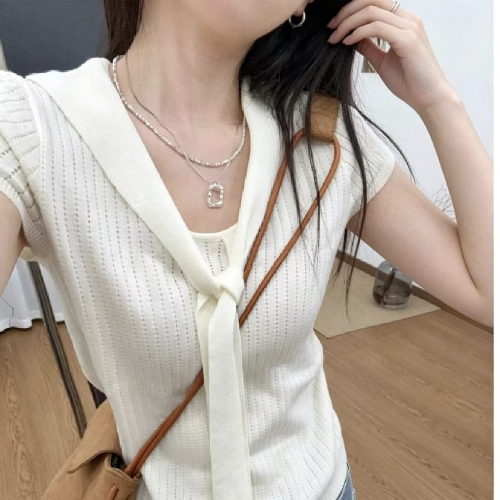 SUXI Áo thun dệt kim ngắn tay màu trơn nhẹ nhàng dành cho nữ mùa hè mới 260514