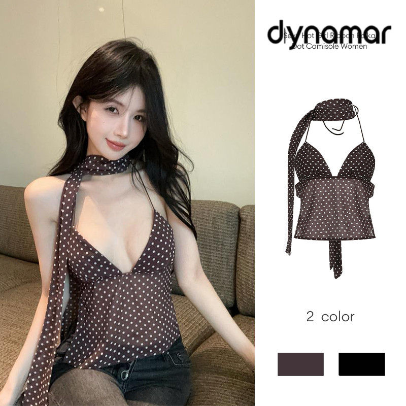 【dynamar】Áo hai dây chấm bi ruy băng gợi cảm dành cho nữ, ôm sát, ngắn, hở lưng, đa năng.
