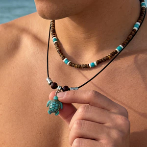 Vòng cổ xếp lớp Unisex Boho - Vòng cổ rùa ngọc lam vỏ dừa - Có thể điều chỉnh 51-60cm - Đi biển kỳ nghỉ Trang sức dân tộc Bohemian