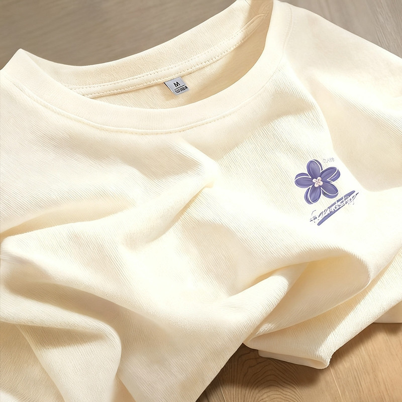 （Giao hàng 24h）Angela Áo thun nữ cổ trụ tay ngắn cotton phối họa tiết mới cho phong cách thời trang hàng ngày
