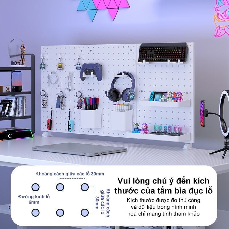 Bảng Pegboard Decor phụ kiện tặng kèm đầy đủ nhựa ABS Kệ Lỗ Treo Tường hút chân không tiện lắp đặt【Không khoan tường】