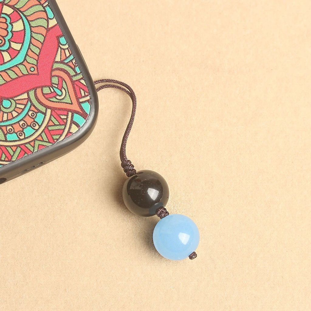 Móc khóa dây chuyền điện thoại dân tộc thủ công - Hạt pha lê ngọc bích xanh Obsidian tự nhiên - Mặt dây chuyền hai mục đích cho điện thoại Phím chữ U