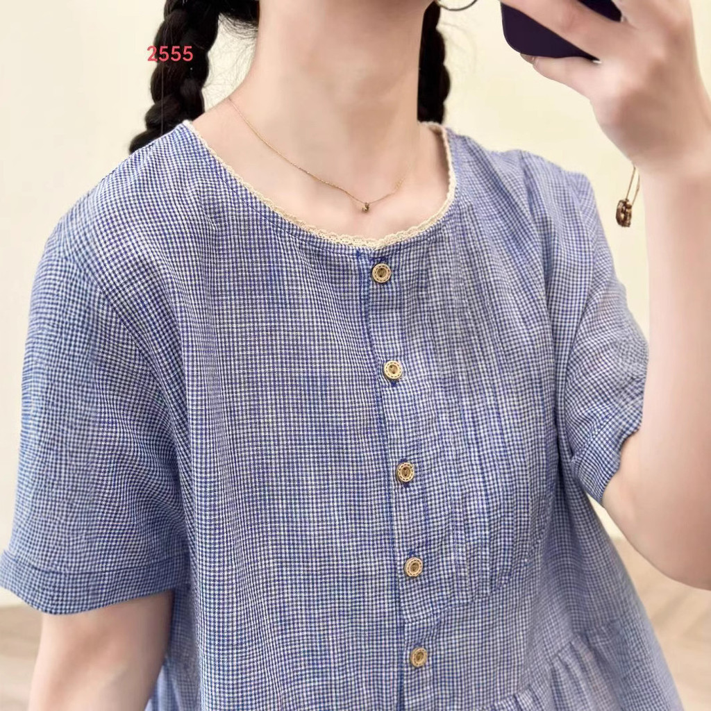 [Sẵn Sàng] Áo Sơ Mi Nữ Sợi Cotton Cao Cấp Mùa Hè Mới Ren Kẻ Sọc Hàn Quốc Cổ Tròn Tay Ngắn Rời Áo Sơ Mi Thường Ngày
