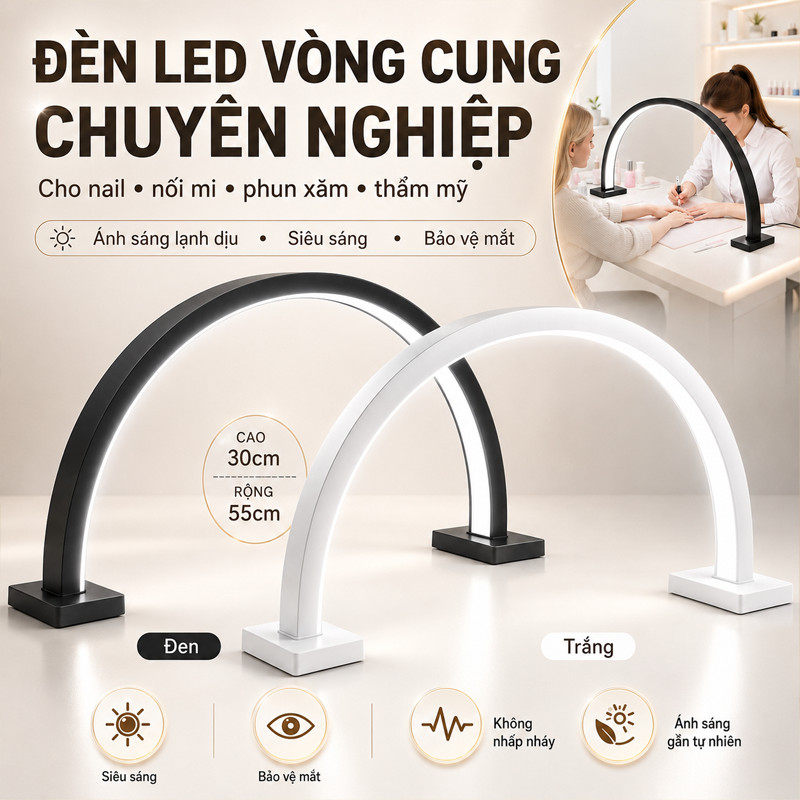 Đèn LED Làm Nail Bán Nguyệt Cao Cấp - 3 Màu Ánh Sáng, Dùng Cho Móng Tay, Móng Chân & Nối Mi