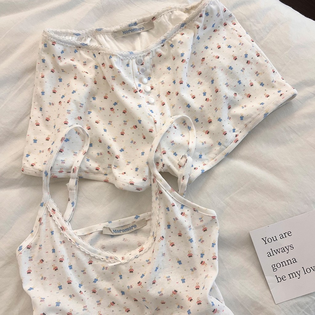 Bộ đồ ngủ in hình gấu phong cách Hàn Quốc Pure Desire Home Wear | Cố định Cup Sling Sweet Girl Quần short Áo ngực dễ thương Đồ ngủ mùa hè lười biếng