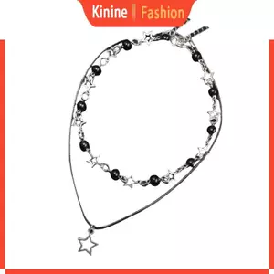 Vòng cổ choker hình ngôi sao thanh lịch KIN với hạt đen Dây da PU có thể điều chỉnh