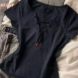 HFSHY American Gợi Cảm V-ne Phối Ren Thời Trang Nữ Y2K Áo Thun Nữ Tay Ngắn Slim VN