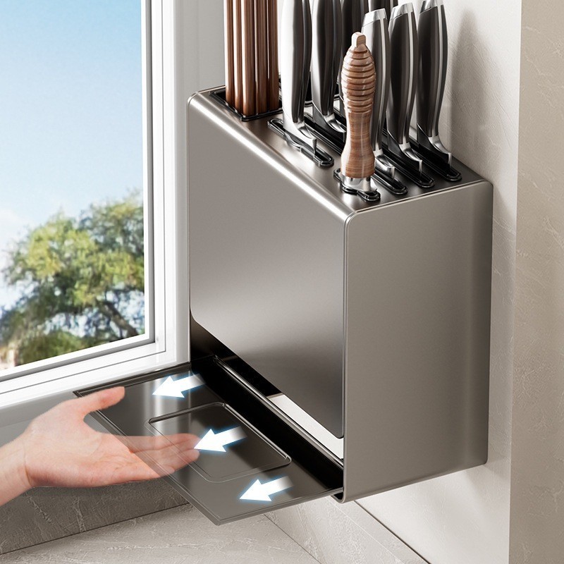 Kệ Để Dao Kéo Nhà Bếp Treo Tường Đa Năng, Kệ Dao Thớt Kèm Ống Đũa Có Khay Thoát Nước Tiện Lợi