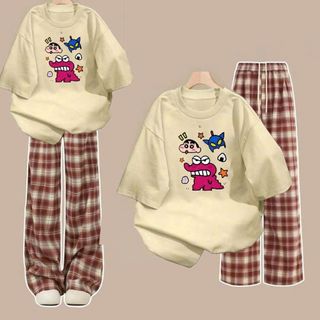 Bộ quần kẻ CARO đỏ cạp cao  + kết hợp áo phông unisex tay lỡ nam nữ form xinh- thubaaa