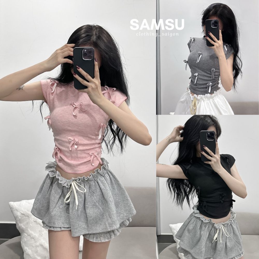 Áo thun nữ cổ tròn đính nơ tay hến phong cách Hàn Quốc chất thun co dãn ôm body