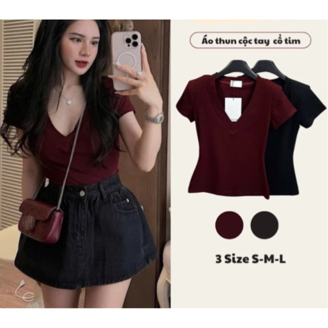 ÁO Thun Cộc cổ tim tay ngắn ôm body cotton tăm phong cách Hàn Quốc tôn dáng nữ M998 Kenco clothing