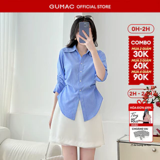 Áo sơ mi nữ GUMAC tay lửng có nhún chiết ly eo xanh sọc vải kate đứng form  AF01024