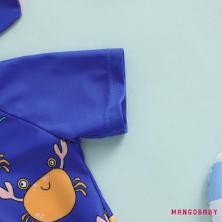 MG-Toddler Bé Trai Rash Guard Đồ Bơi In Hình Cua Tay Ngắn Mock Cổ Zip Bộ Đồ Tắm Có Mũ Bơi
