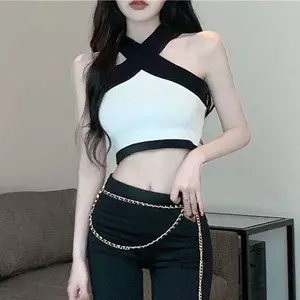 Mùa Hè Nguyên Chất Desire Ngọt Cay Gợi Cảm Ngắn Cổ Áo Vest Bên Ngoài Mặc Màu Sắc Tương Phản Rốn Không Tay Top Ôm Hơn Nhìn Thoáng Khí