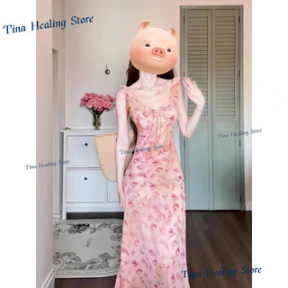 Đầm dây hoa hồng phong cách Pháp cho phụ nữ, váy dài đi biển nghỉ dưỡng cao cấp, thanh lịch