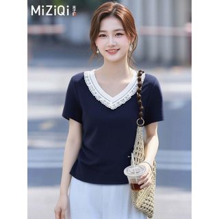 [MIZIQI] Áo thun ngắn tay cổ chữ U viền ren dành cho nữ, Áo thun nữ viền không đều mùa hè