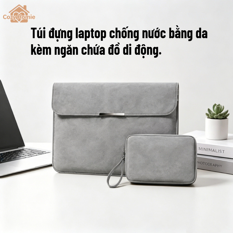 Túi đựng laptop chống sốc và chống nước màu xám với lớp đệm dày dặn để bảo vệ tối ưu, có nhiều kích cỡ.