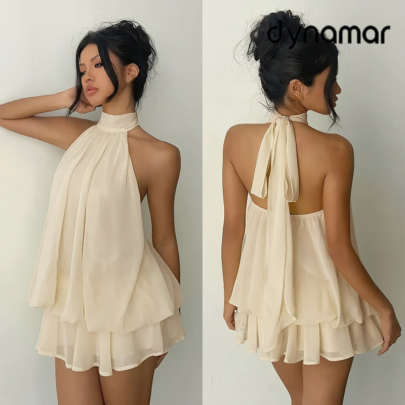 【dynamar】Đầm ngắn cổ yếm không tay phồng hở lưng gợi cảm thiết kế thắt nơ ôm sát