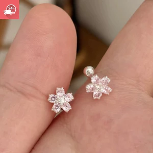 Bộ hoa anh đào hồng khí chất thời trang đính kim cương zircon bông tai nữ ngọt ngào và đa năng