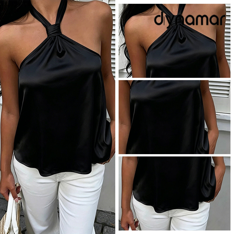 【dynamar】Áo vest gợi cảm chất liệu satin kiểu yếm dành cho nữ hở lưng buộc dây sành điệu thời trang
