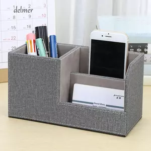 Hộp đựng bàn làm việc bằng da PU DELMER, Hộp đựng bút chì cao cấp sáng tạo, Hộp điều khiển từ xa với 3 ngăn Hộp lưu trữ văn phòng phẩm để bàn đơn giản đa chức năng Văn phòng phẩm