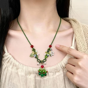 Retro Cây Giáng Sinh Mặt Dây Chuyền Vòng Cổ Bông Tai Bộ Màu Không Khí Xếp Chồng Xương Cổ Cao Cấp Phong Cách Sang Trọng