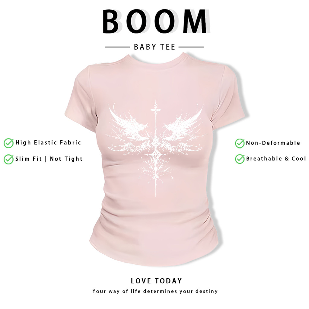 BOOM Áo Baby Tee Nữ Cotton Ôm Body-Áo Thun Ngắn Tay Y2K In Hình PhongCách Mùa Hè, Cổ Tròn Hàng Đầucách hàn quốc phongU16
