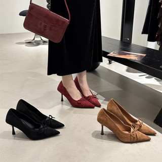 Giày Cao Gót Nữ Mũi Nhọn Gót Chân Slip-On Nông Miệng Nơ